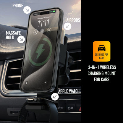 Ultraskull 3 in 1 Wireless Charging Mount for Cars Compatible with iPhones, Airpods and Apple Watch